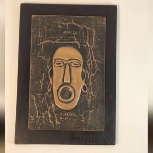 Vintage 60's"Africa" J.M. Original African Mask Copper Art Plaque Wood Mounted